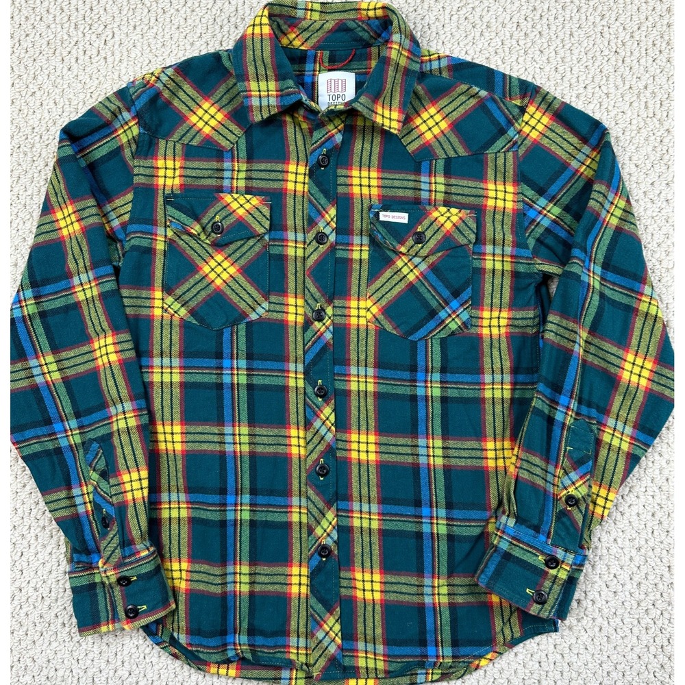 Topo Designs Mountain Shirt Mens S Green Yellow Plaid Twill Flannel Button Down